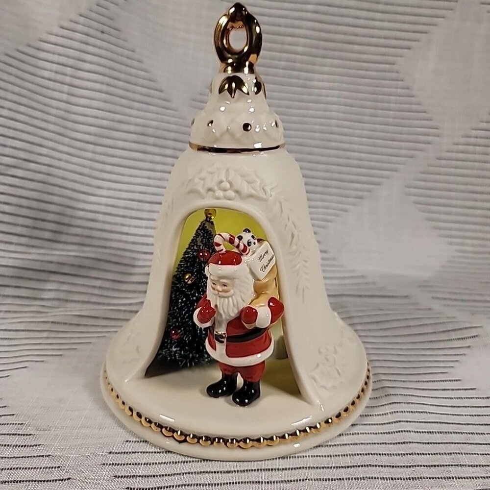 Porcelain Santa & Christmas Tree Decorative Bell Ornament w/ Light Lenox 8"